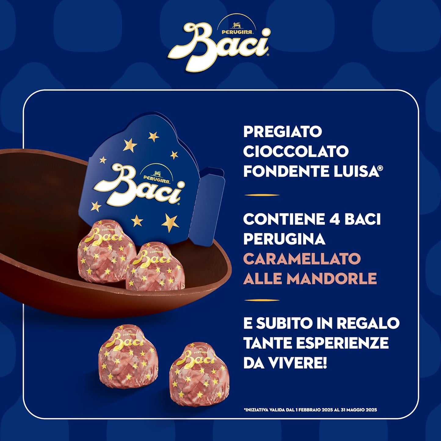 BACI PERUGINA Uovo di Pasqua 2025 Cioccolato Caramellato alle Mandorle con Sorpresa e 4 Cioccolatini 265g