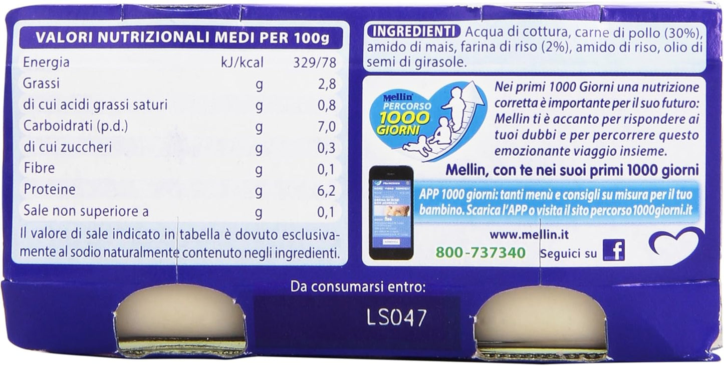 Mellin - Alimento per l'infanzia, omogenizzato con carne di pollo e farina di riso - 160 g 2 vasetti