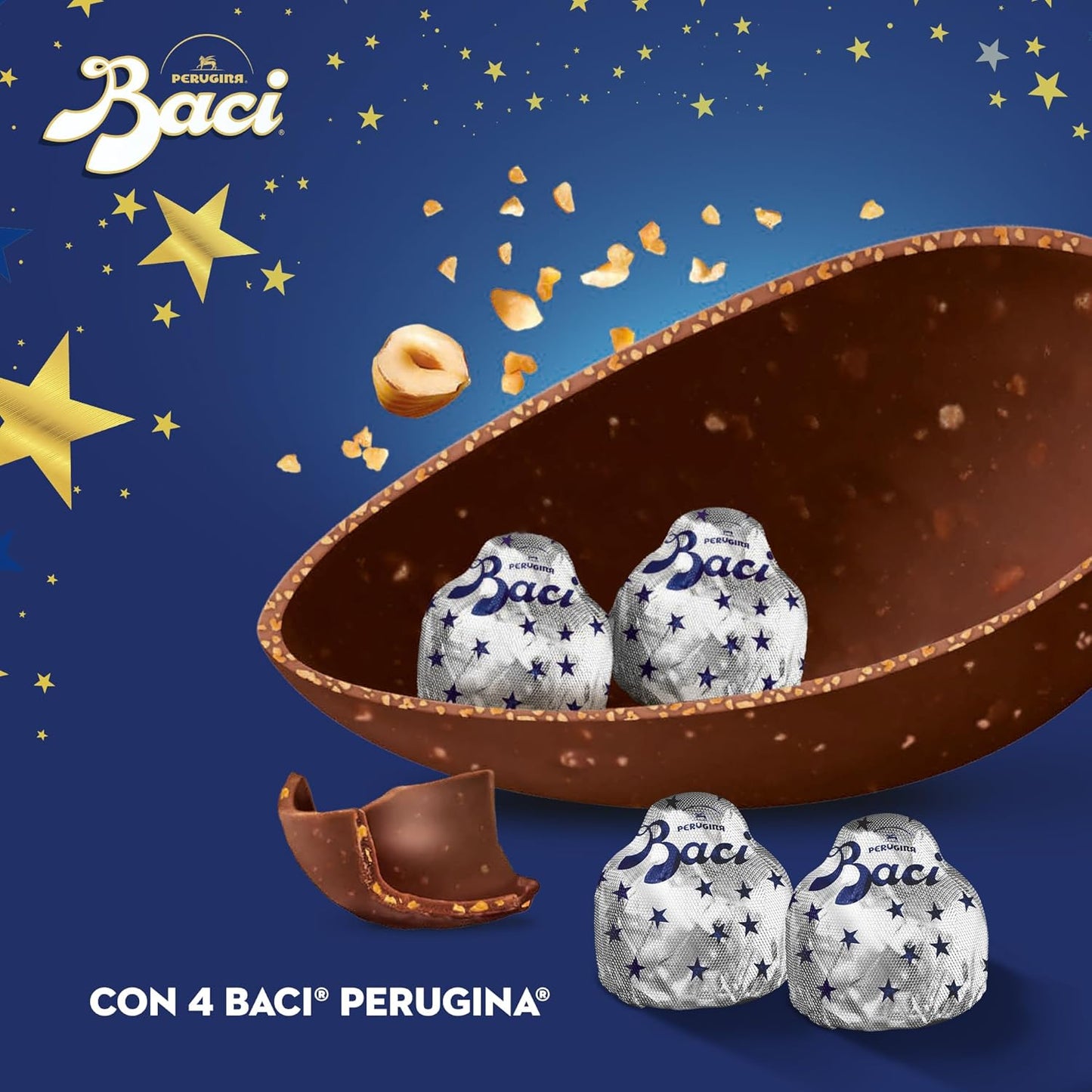 BACI PERUGINA Uovo di Pasqua 2025 Cioccolato Fondente Inciso con granella di Nocciole e 4 Cioccolatini 310g