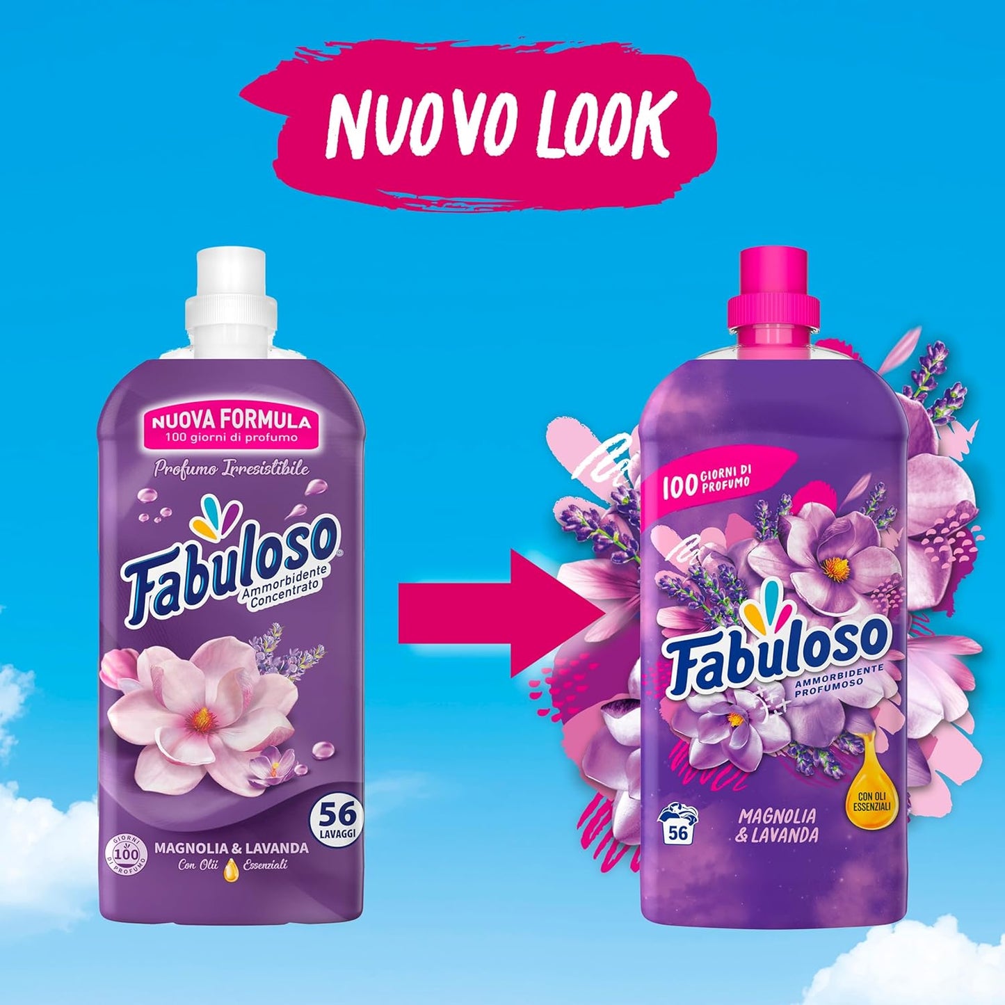 Fabuloso Ammorbidente Concentrato Profumato Magnolia & Lavanda 1,9L | Fragranza che Dura per Settimane* | Fragranza Attivata dal Movimento | Rende i Capi Più Facili da Stirare** | 86 Lavaggi