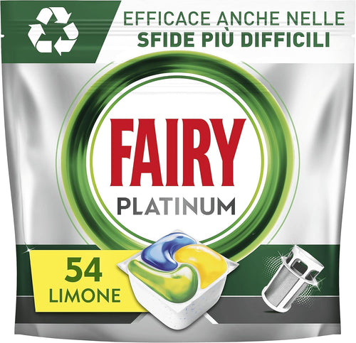 Fairy Platinum Detersivo Pastiglie Lavastoviglie, Brillantante, 54 Capsule Lavastoviglie, Limone, con Sistema Di Prelavaggio Integrato, Efficace nelle Sfide Difficili Contro lo Sporco