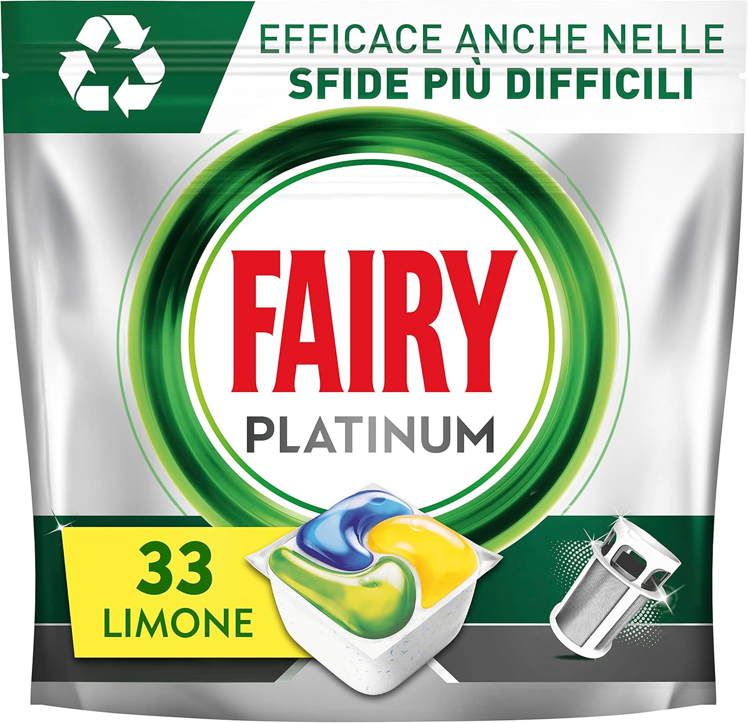 Fairy Platinum Detersivo Pastiglie Lavastoviglie Brillantante, 33 Capsule Lavastoviglie, Limone, Con Sistema Di Prelavaggio Integrato, Efficace Nelle Sfide Difficili Contro Lo Sporco