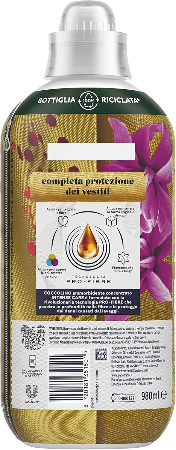 Coccolino Ammorbidente Concentrato Sandalo e Caprifoglio, Ammorbidente Lavatrice Intense Care con Tecnologia Pro-Fibre, Formato Fino a 42 Lavaggi, 980 ml