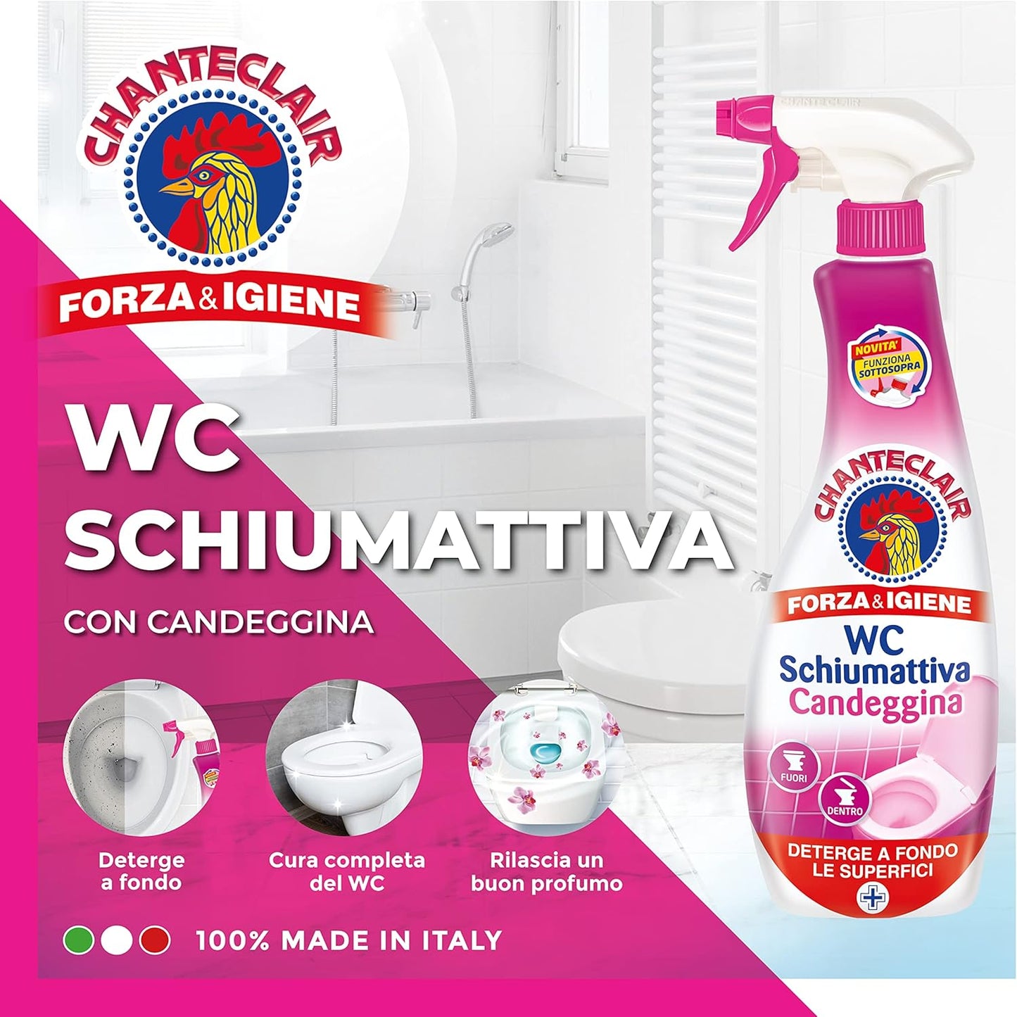 Chanteclair - WC Schiumattiva con Candeggina - Pulisce e Igienizza, Funziona anche Sottosopra, Forza&Igiene - 625 ml