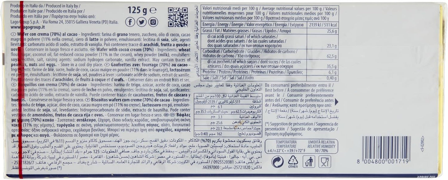 Lago 1968, Pacco Doppio Cacao 2x125g, Wafer con Crema Cacao 70% con 3 Strati Friabili di Wafer e una Crema Cioccolato Vellutata