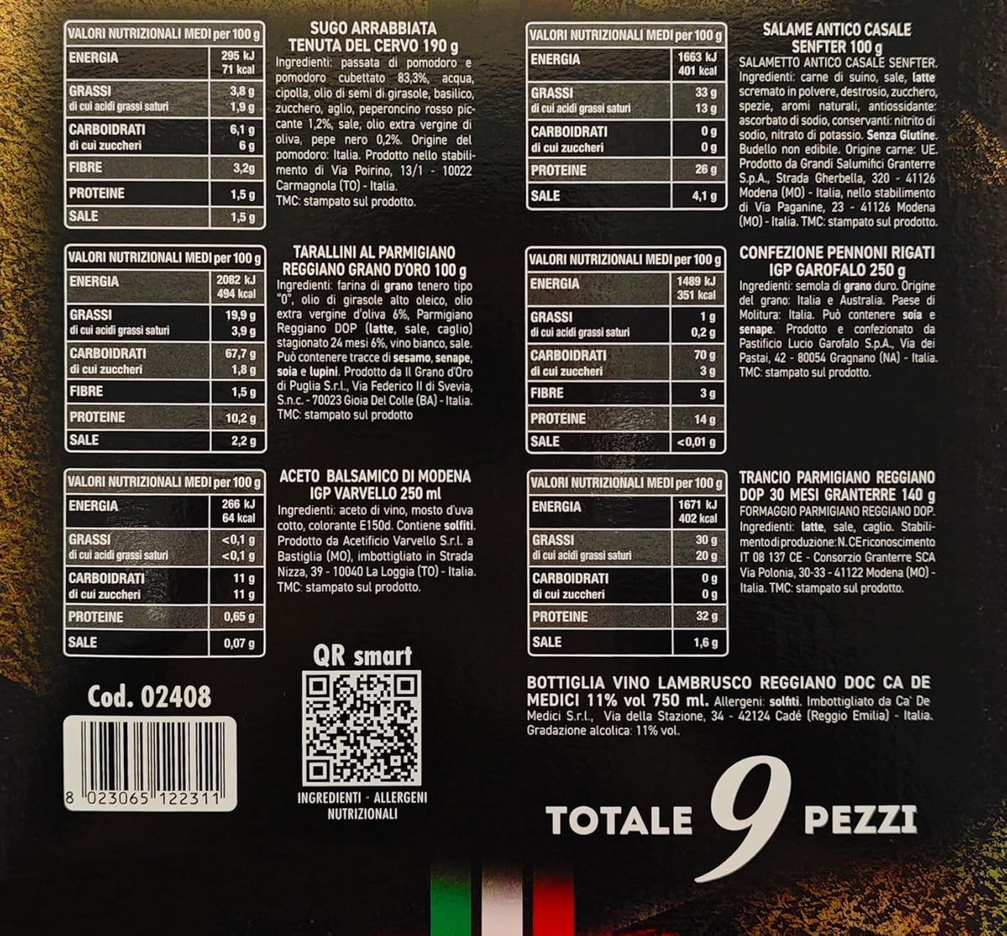 Le Cadeau Gran Gourmet 2024 Strenna con 9 pezzi: Vino, Parmigiano Reggiano, Aceto Balsamico, Salame, Pasta, Sugo, Tarallini