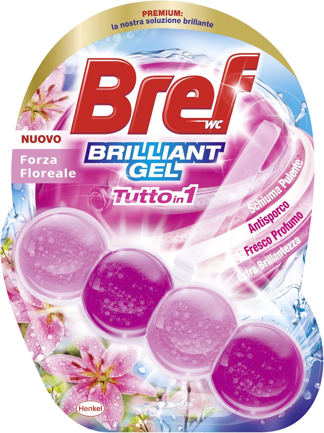 Bref WC Forza Floreale, Nuovo Brilliant Gel, Detergente WC, Pulizia e Freschezza per il tuo WC, Formato singolo