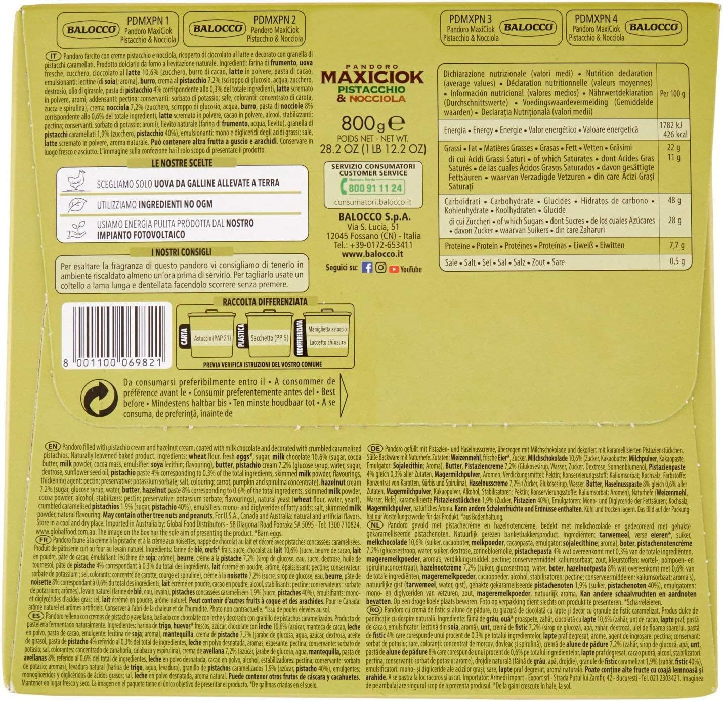 3X Pandoro MaxiCiok con Granella di Pistacchio, Nocciole e Cioccolato a Latte 800 g con Portachiavi RASPADA [3 Pezzi]
