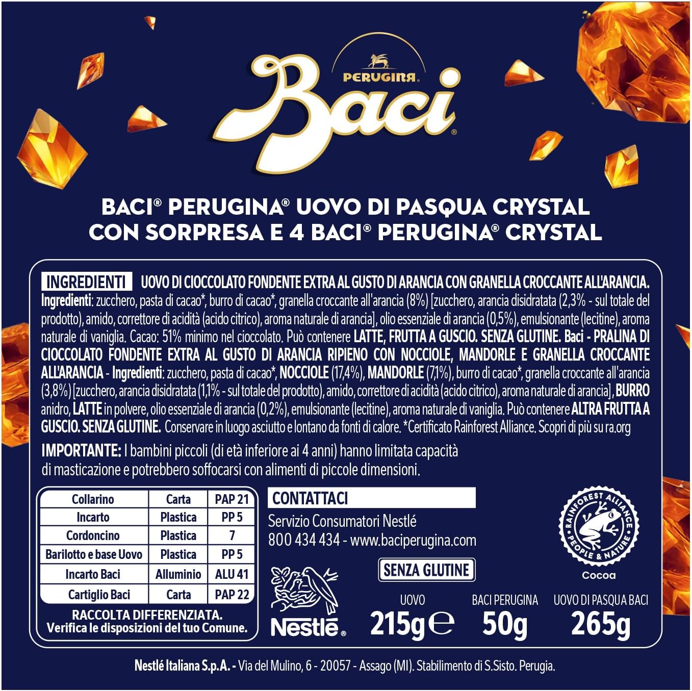 BACI PERUGINA Uovo di Pasqua 2026 Cioccolato all'Arancia Crystal con Sorpresa e 4 Cioccolatini 265g
