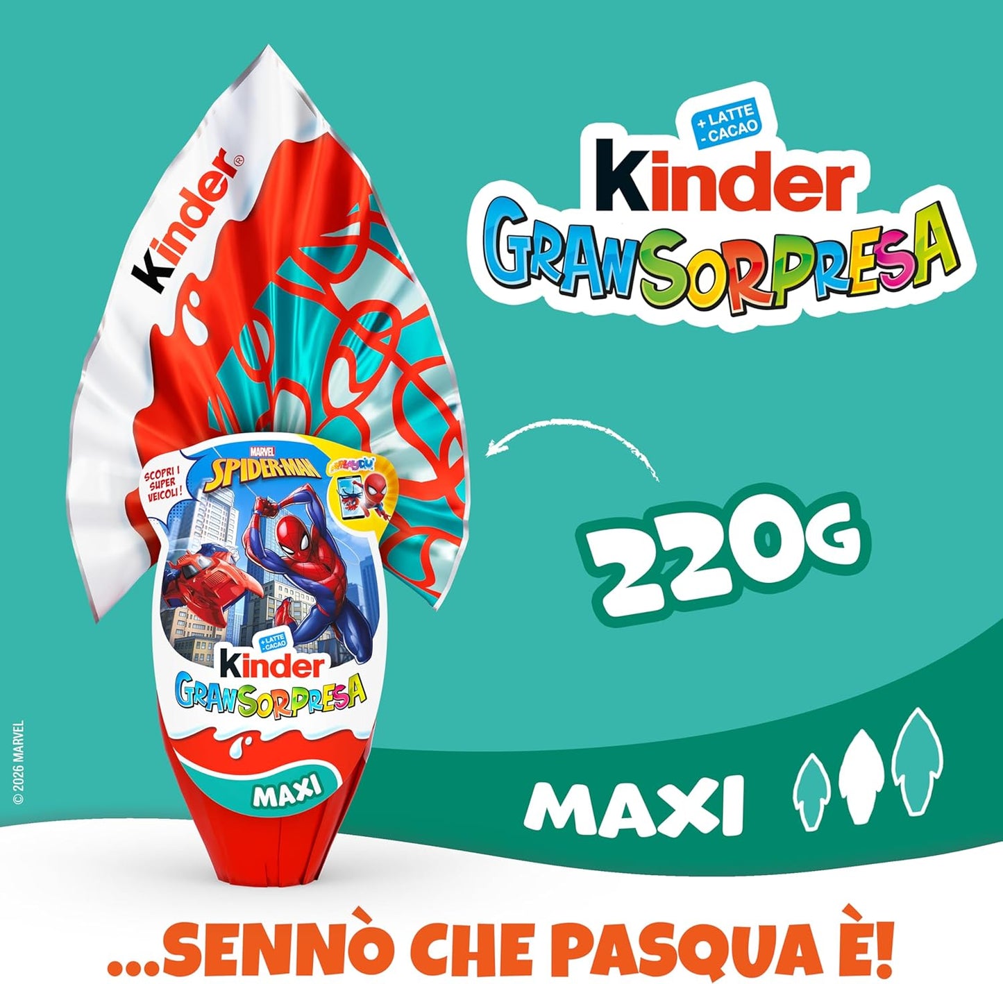 Kinder GranSorpresa Maxi Spider-Man, Uovo di Pasqua Kinder 2026 di Finissimo Cioccolato al Latte con Sorpresa Marvel Spider-Man, 220 g
