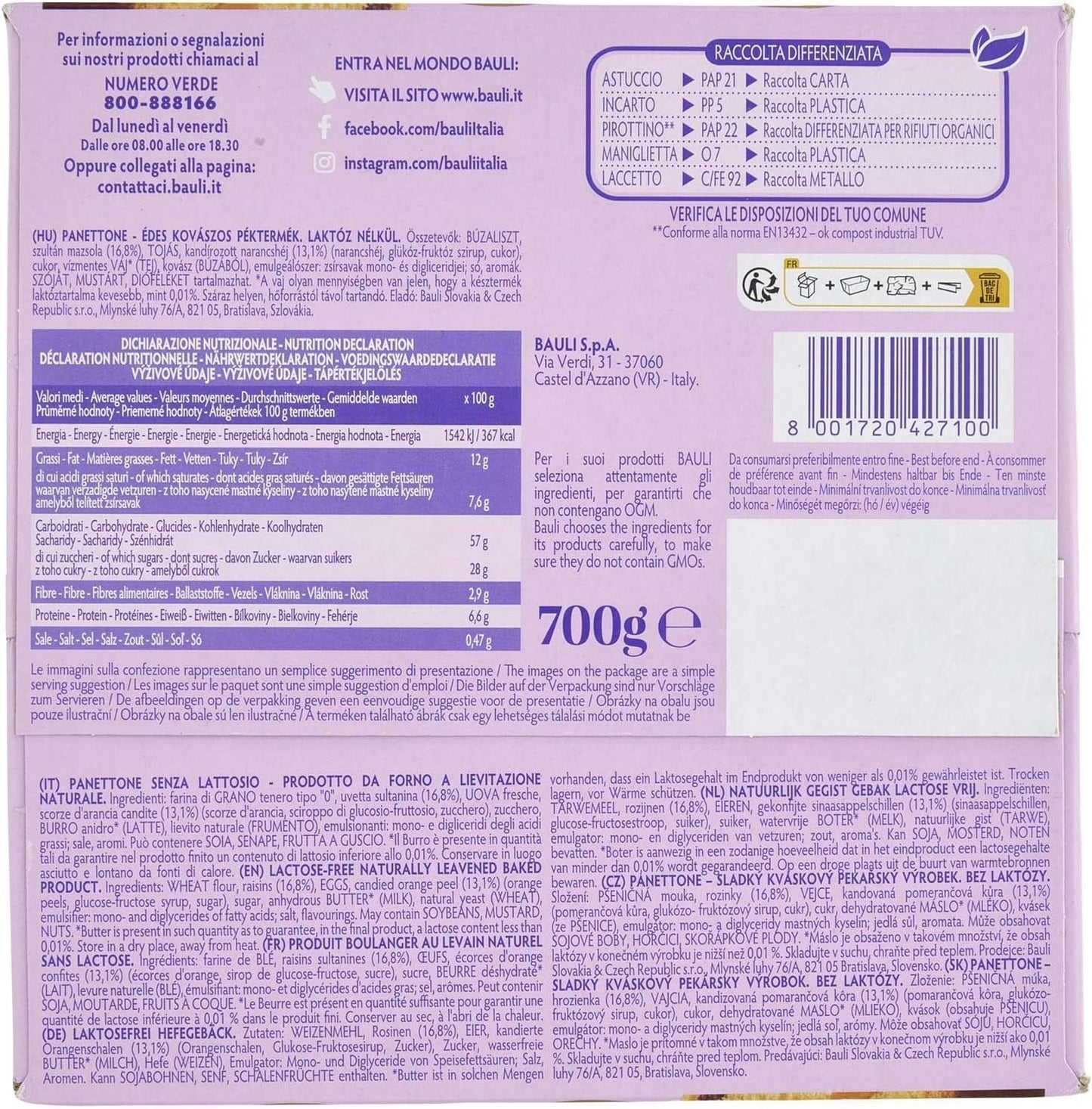 Panettone Classico SENZA LATTOSIO con Uvetta e Canditi 700g (new), Confezione per bauli [RASPADA® BOX da 4 Panettoni]