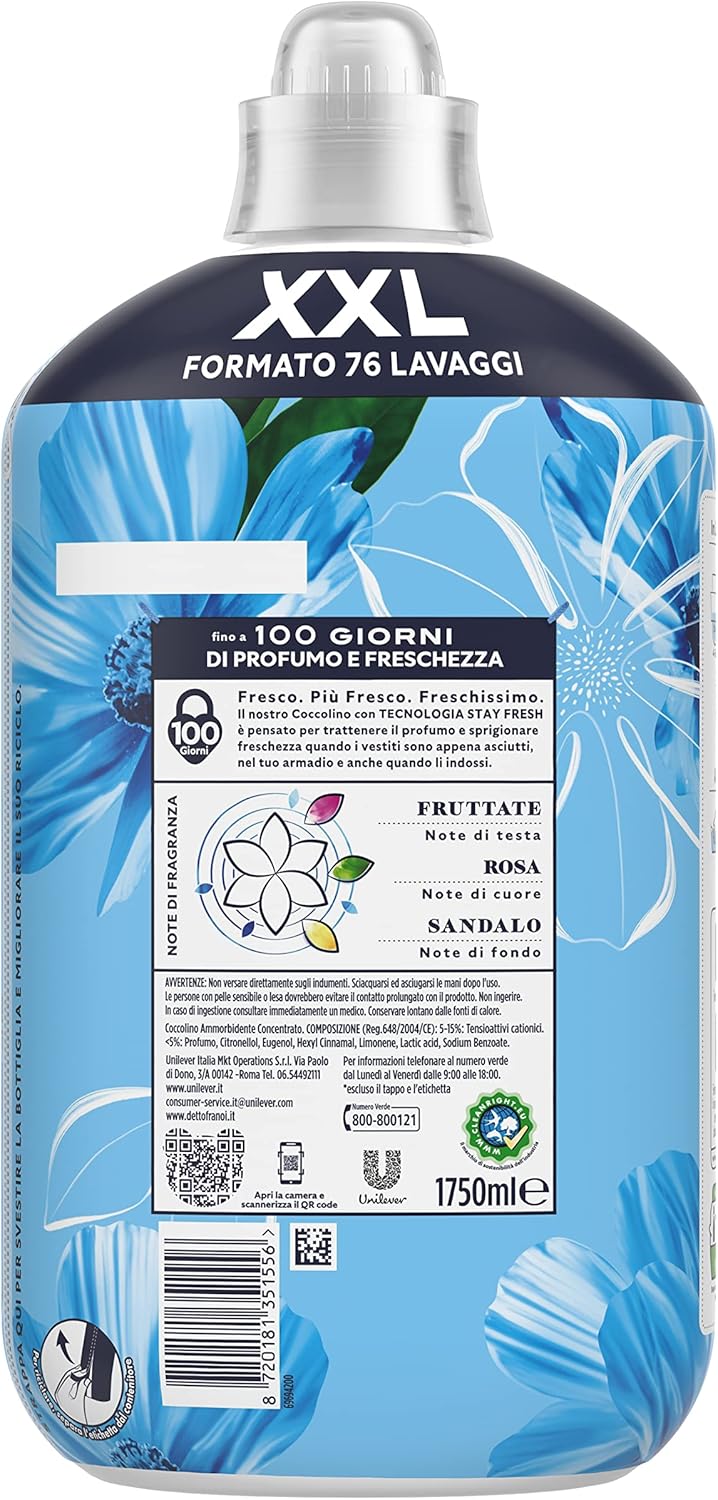 Coccolino Ammorbidente Concentrato Aria di Primavera, Ammorbidente Lavatrice con Tecnologia Stay Fresh, con Note Fruttate, Rosa, e Sandalo, Formato XXL Fino a 76 Lavaggi, 1750 ml