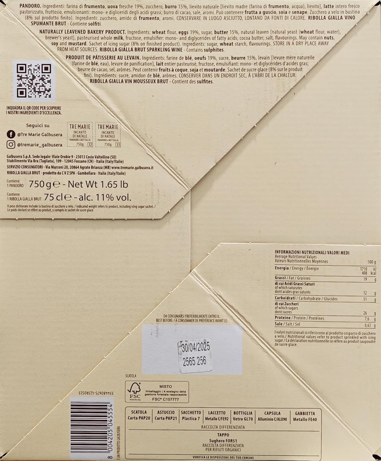 Tre Marie Incanto di Natale il Pandoro Tradizionale con Spumante Brut Ca' Bolani Ribolla Gialla 750g - Confezione Regalo Natale 2023