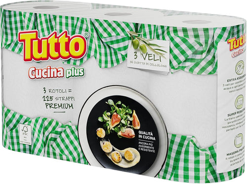 Tutto Cucina Plus, 3 Rotoli Carta Adatti a Tutte le Superfici, dalla più Liscia alla più Irregolare, Asciugatutto con 3 Veli di Pura Ovatta di Cellulosa, Made in Italy, 821645G-1