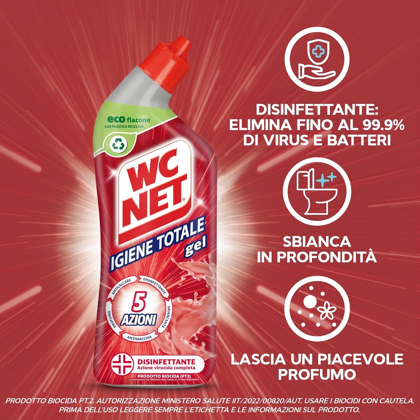 Wc Net - Igiene Totale Gel per Sanitari e Superfici, Pulitore Liquido per Wc, 700 ml