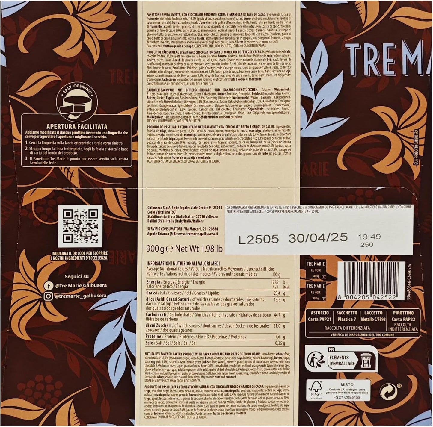 3X Tre Marie Re Noir Panettone con Cioccolato Extra Fondente e Granella di Fave di Cacao 900g (2024)