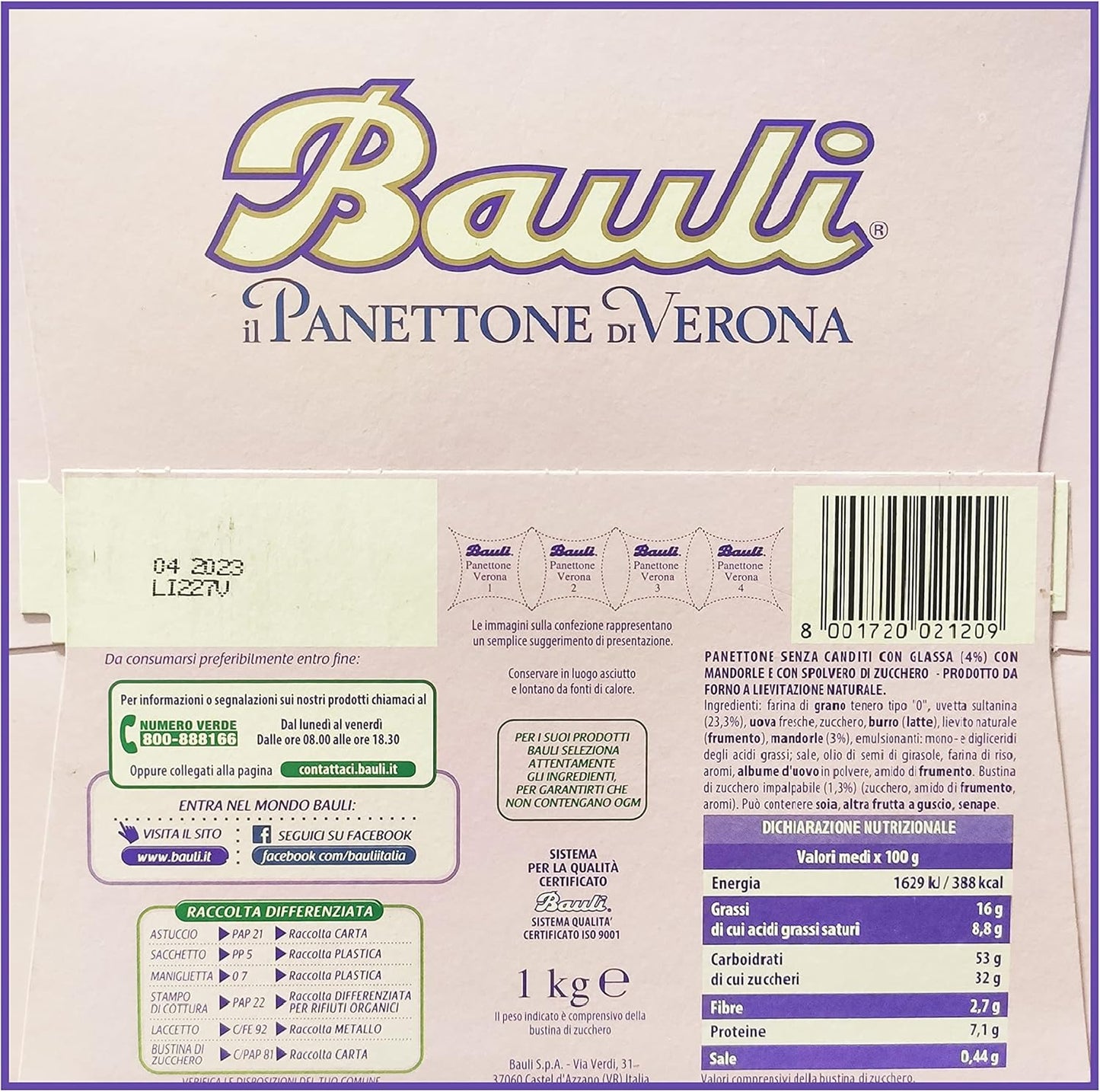 2X Bauli Panettone di Verona con Uvetta e Glassa con Mandorle, Senza Canditi 1kg (2023) [2 Panettoni]