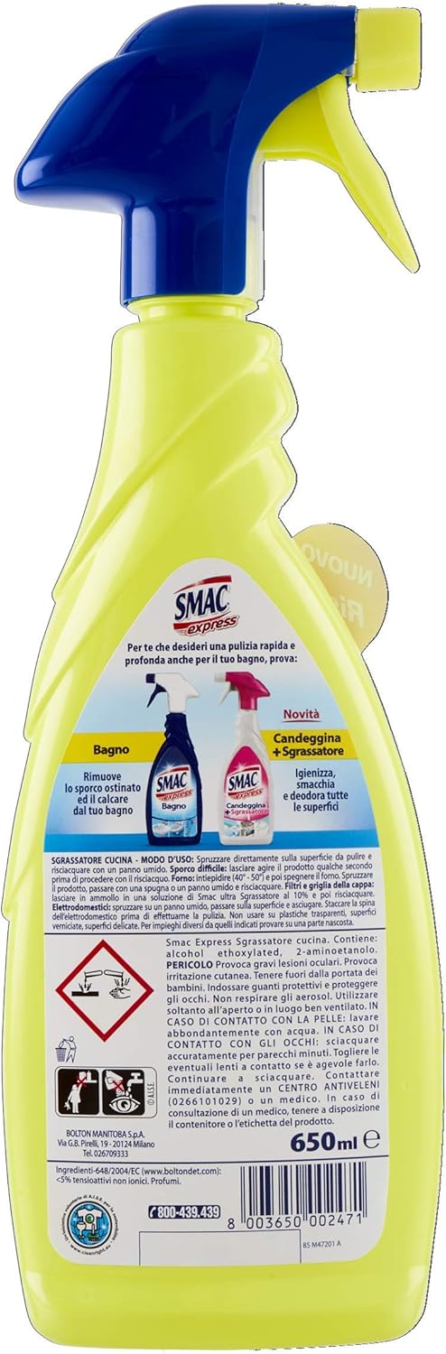 Smac Express - Sgrassatore Cucina al Limone, Detergente Spray Multisuperficie con Azione Sgrassante, 650 ml