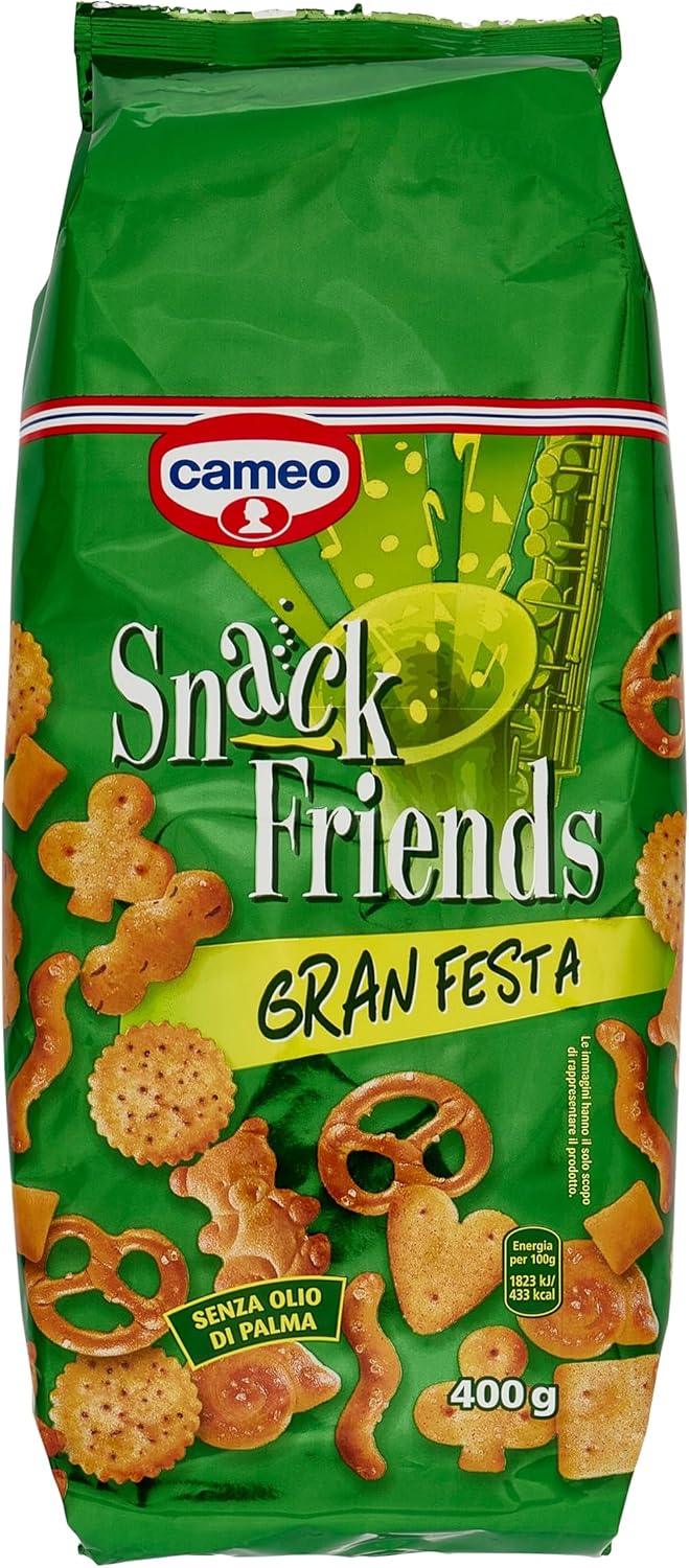 Cameo Snack Friends Gran Festa 400 g, Assortimento di Biscotti Salati per Aperitivi, Fragranti Salatini da Gustare con gli Amici, Senza Olio di Palma, Formato Busta da 400 g Complessivi