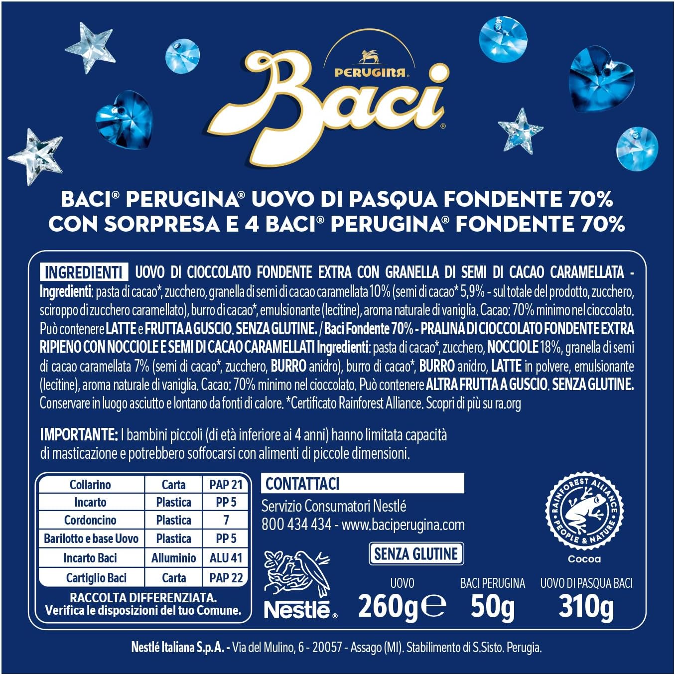 BACI PERUGINA Uovo di Pasqua 2026 Cioccolato Fondente 70% con Sorpresa Swarovski e 4 Cioccolatini 310g