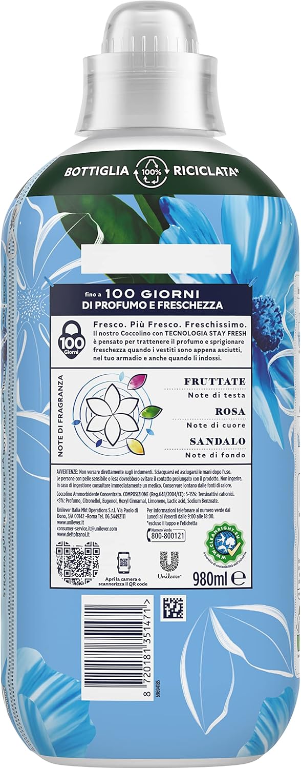 Coccolino Ammorbidente Concentrato Aria di Primavera, Ammorbidente Lavatrice con Tecnologia Stay Fresh, con Note Fruttate, Rosa, e Sandalo, Formato Fino a 42 Lavaggi, 980 ml