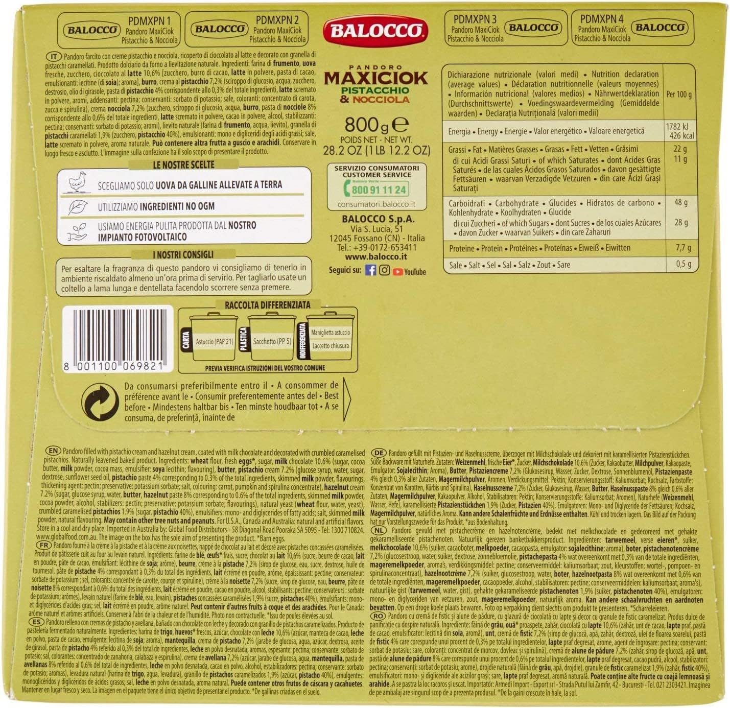 2X Balocco, Pandoro MaxiCiok con Granella di Pistacchio, Nocciole e Cioccolato a Latte 800 g con Portachiavi RASPADA [2 Pezzi]