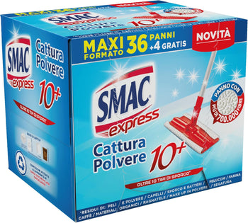 Smac Express - Panni Cattura Polvere 10+, Compatibili con Ogni Scopa, 40 Panni, Cattura e Trattiene Polvere, Sporco e Batteri, Tutti i Pavimenti e Superfici, Sostenibile, Maxi Formato, 36+4 Panni