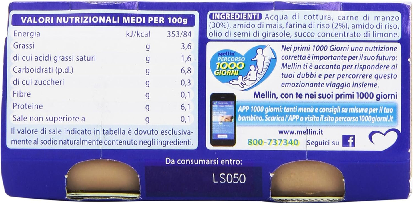 Mellin, Omogenizzato con Carne di Manzo e Farina di Riso, 2 x 80g