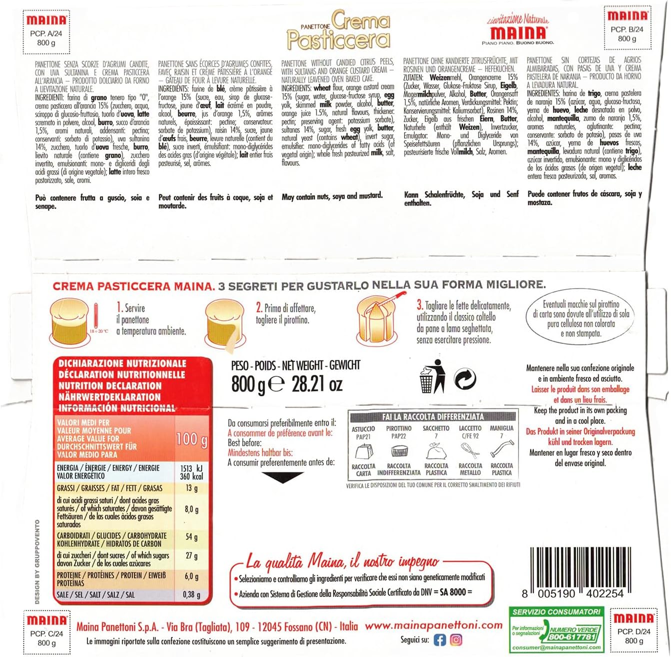 Maina Panettone Crema Pasticcera con Uva Sultanina e Ricco di Crema Pasticcera 750g