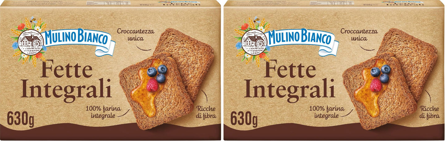 Mulino Bianco Fette Biscottate Integrali, Colazione Ricca di Fibre e Gusto, Senza Olio di Palma - 630 gr (Confezione da 2)