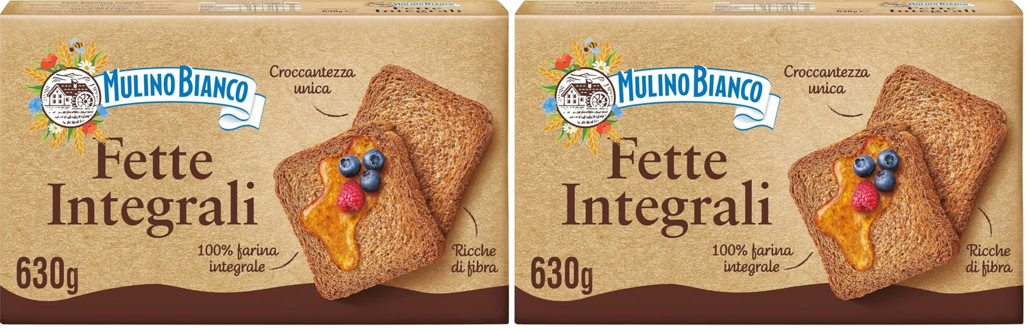 Mulino Bianco Fette Biscottate Integrali, Colazione Ricca di Fibre e Gusto, Senza Olio di Palma - 630 gr (Confezione da 2)