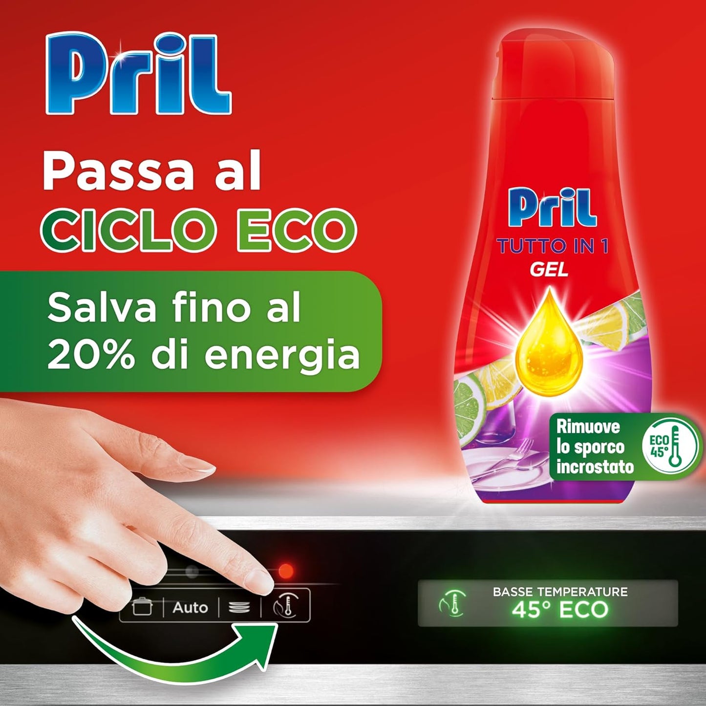 Pril Gel All in One Sciogli Grasso Detersivo Lavastoviglie Liquido Multi-Azione Sporco Difficile, Limone e Lime, Confezione da 35 lavaggi