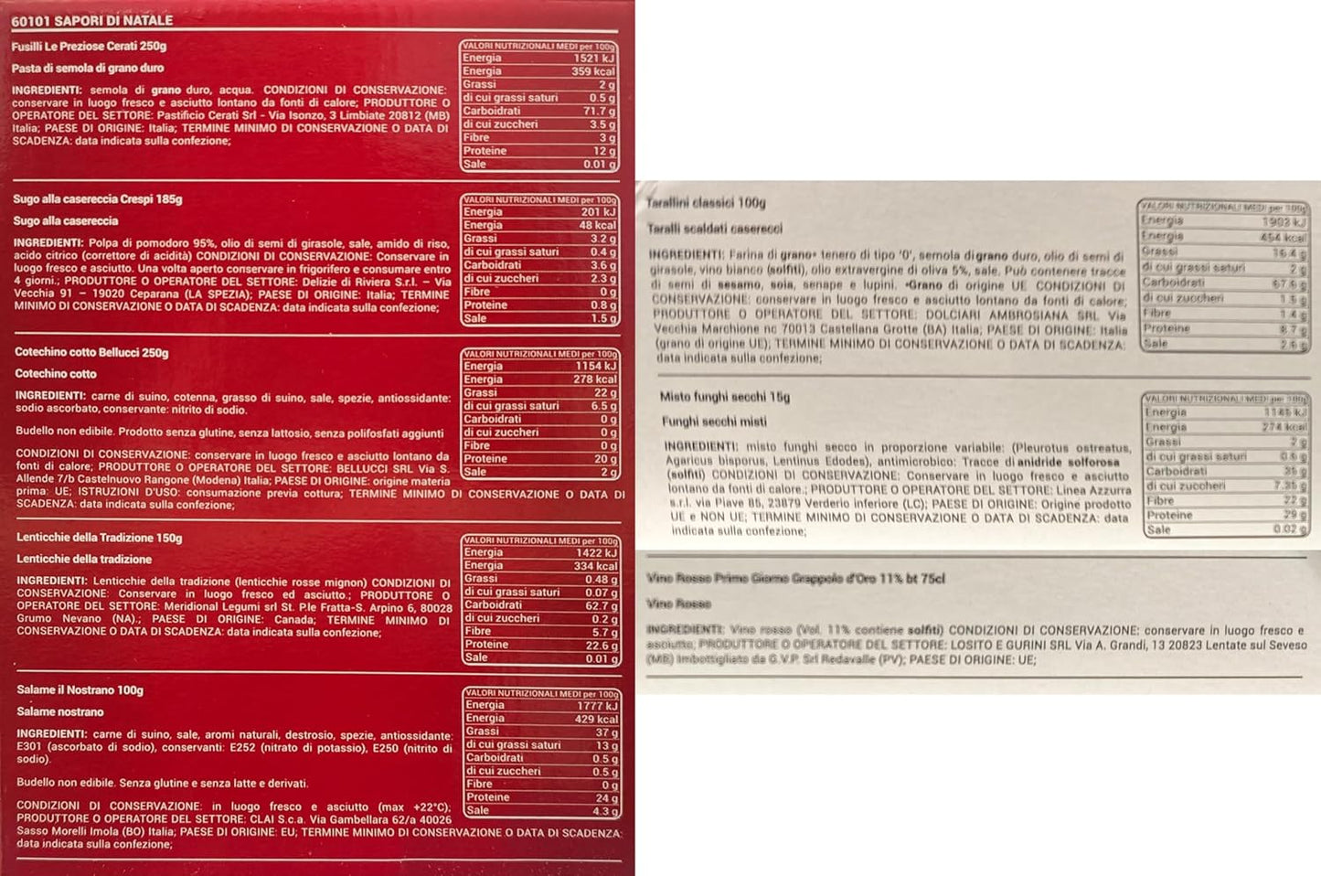 Sapori di Natale 2024 Strenna con 8 Pezzi: Cotechino, Tarallini, Pasta, Vino, Lenticchie, Funghi, Sugo e Salame, confezione per regalidea