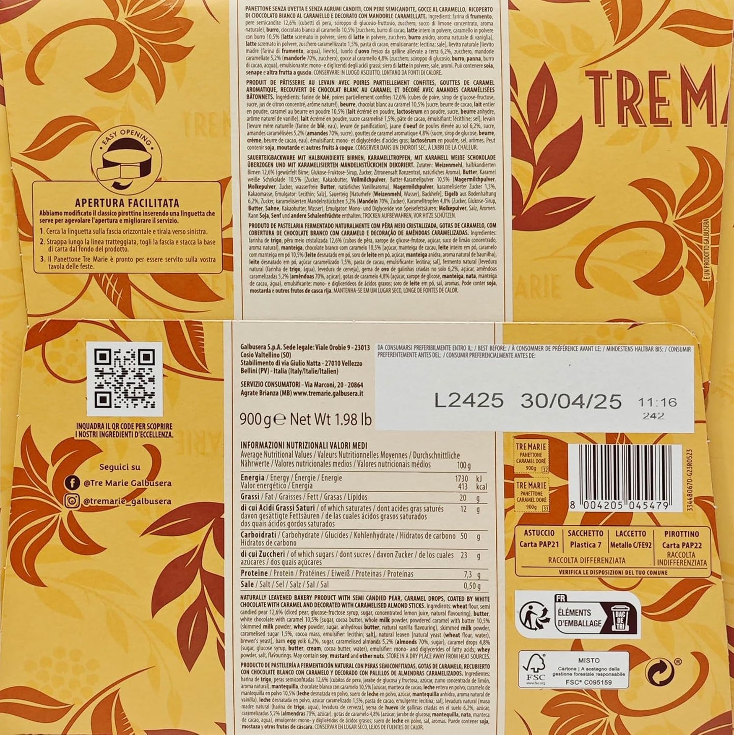 3X Tre Marie Caramel Dore Dorè Panettone Senza Uvetta e Canditi, con Pere Williams e Ricoperto di Cioccolato Bianco e Caramello 900g (2024)