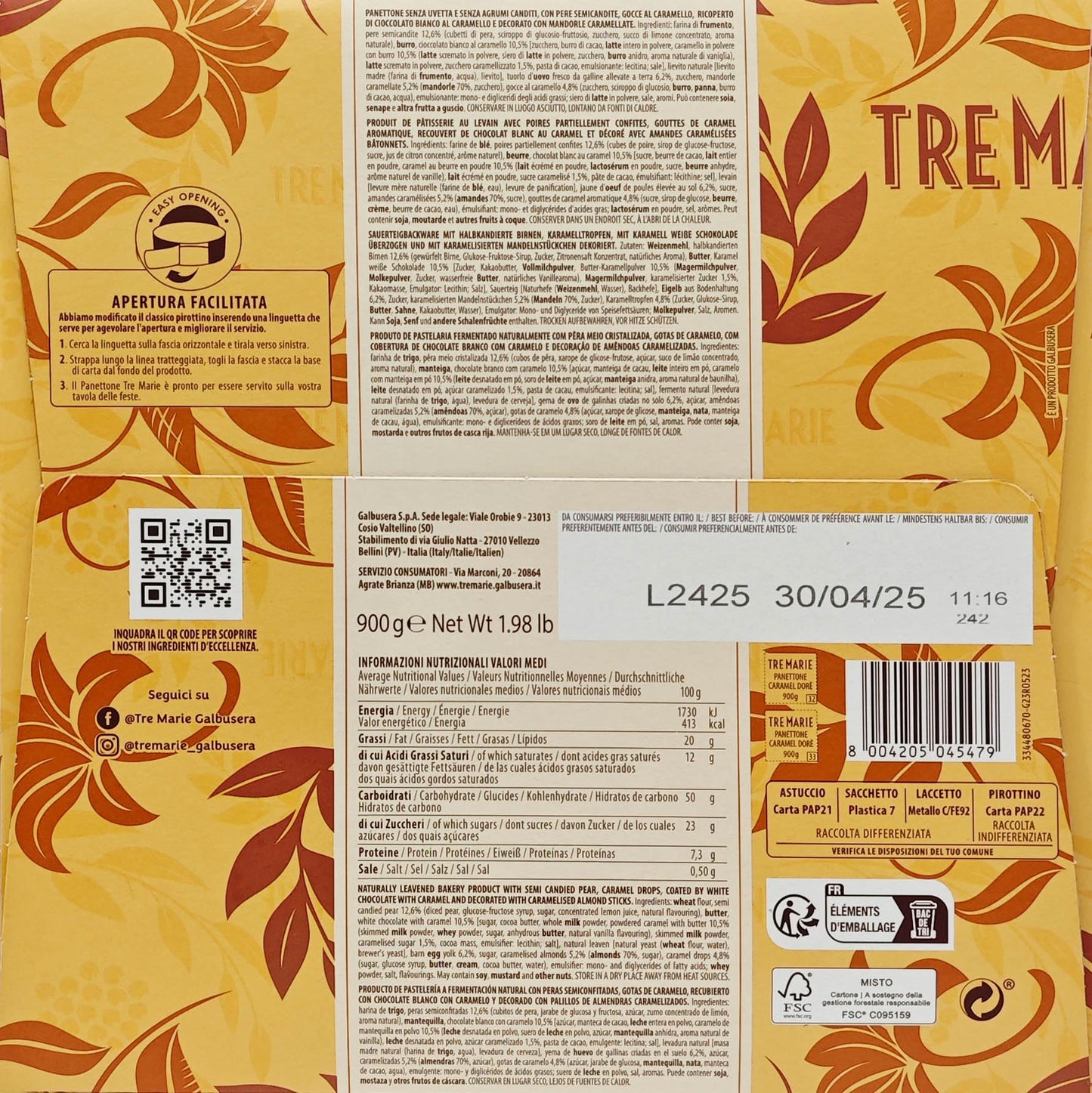 Tre Marie Caramel Dore Dorè Panettone Senza Uvetta e Canditi, con Pere Williams e Ricoperto di Cioccolato Bianco e Caramello 900g (2024)