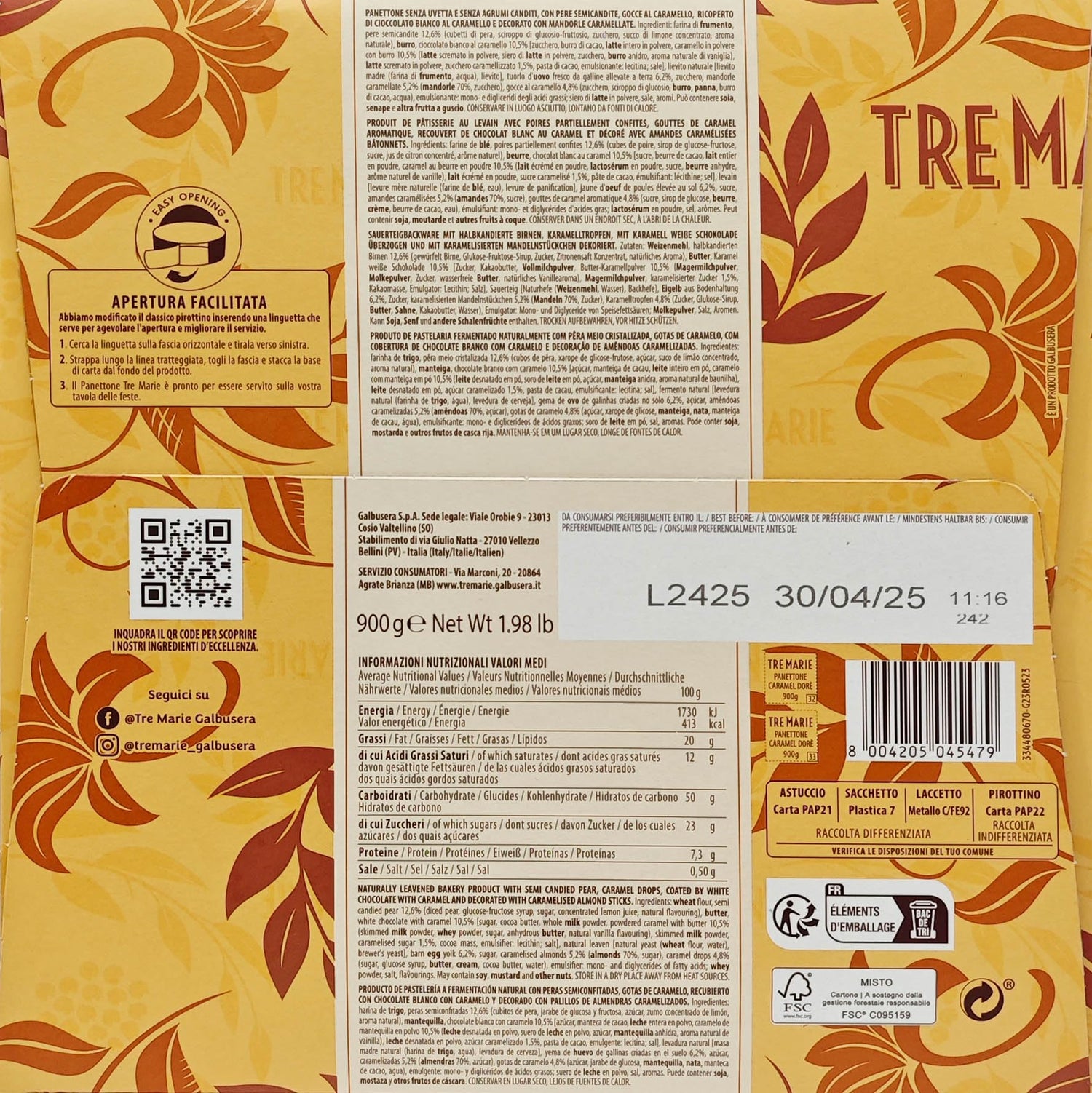Tre Marie Caramel Dore Dorè Panettone Senza Uvetta e Canditi, con Pere Williams e Ricoperto di Cioccolato Bianco e Caramello 900g (2024)