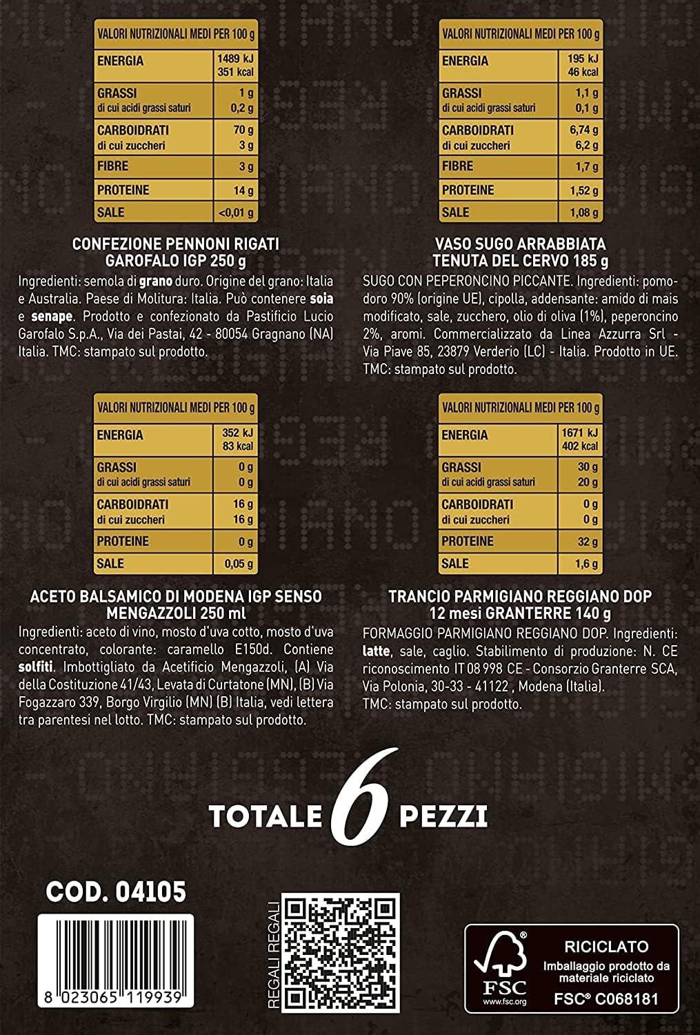 Le Cadeau Sapori d'Italia Scatola Regalo con 6 pezzi: Parmigiano Reggiano, Pasta, Sugo Arrabbiata, Aceto Balsamico, Miniricettario Consorzio Parmigiano