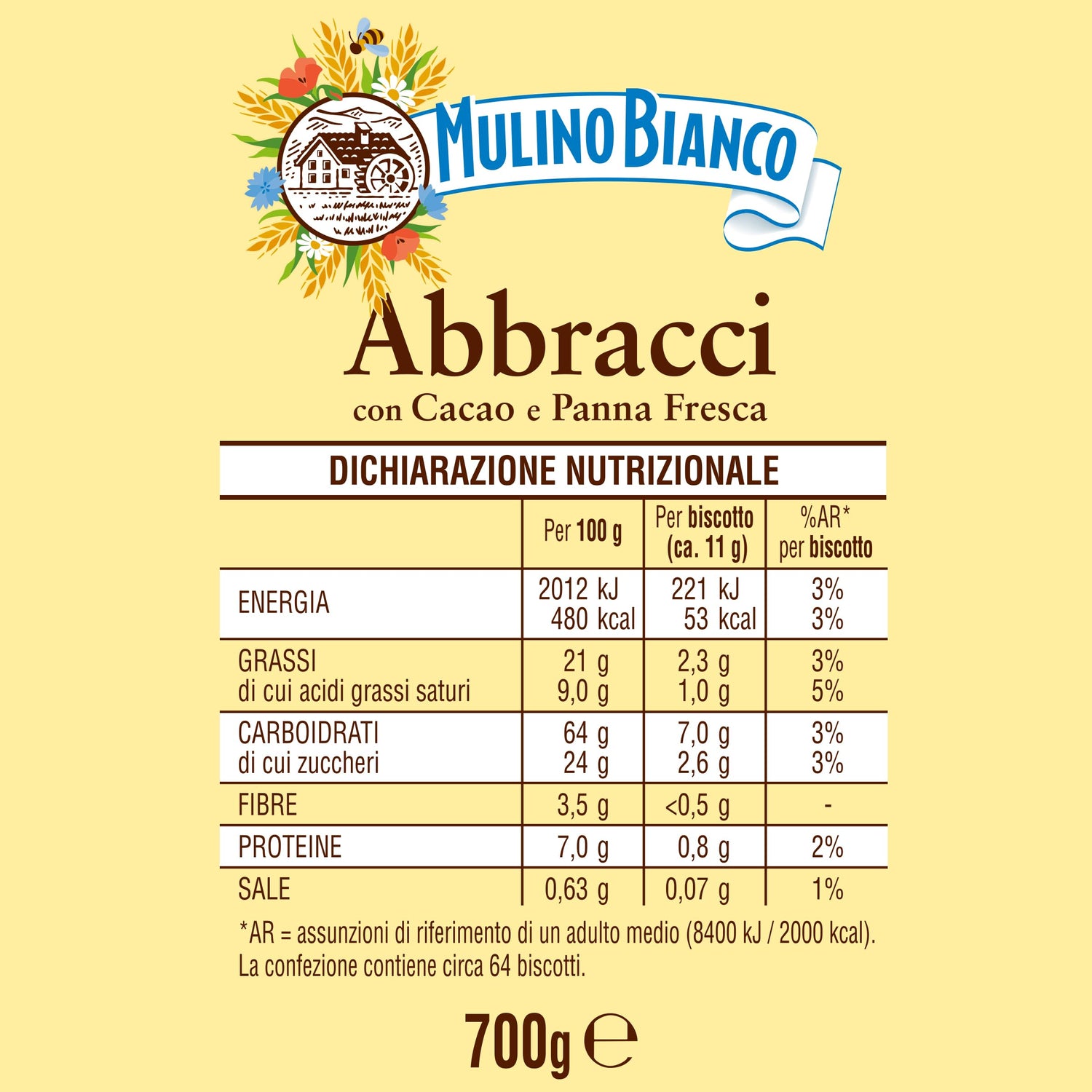 Mulino Bianco Biscotti Frollini Abbracci con Cacao e Panna Fresca, Senza Olio di Palma, Colazione Ricca di Gusto, 700 g (Confezione da 2)