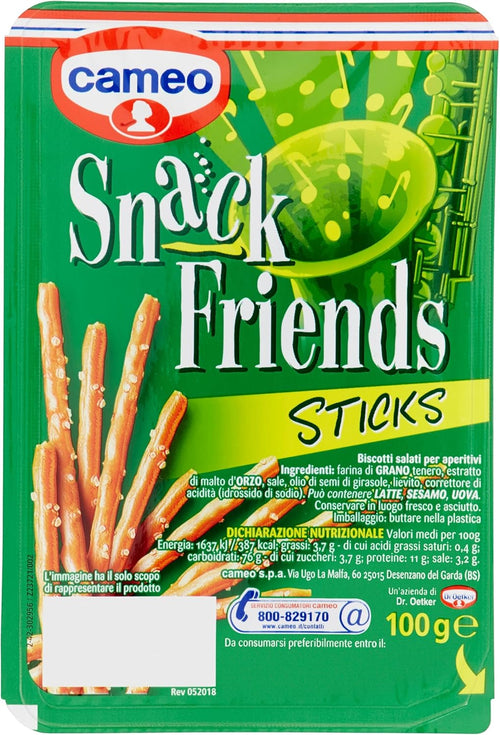 Cameo Snack Friends Sticks 100 g, Biscotti Salati per Aperitivi, Fragranti Stuzzichini con Granelli di Sale in Superficie da Gustare in un Pratico Astuccio per 100 g Complessivi