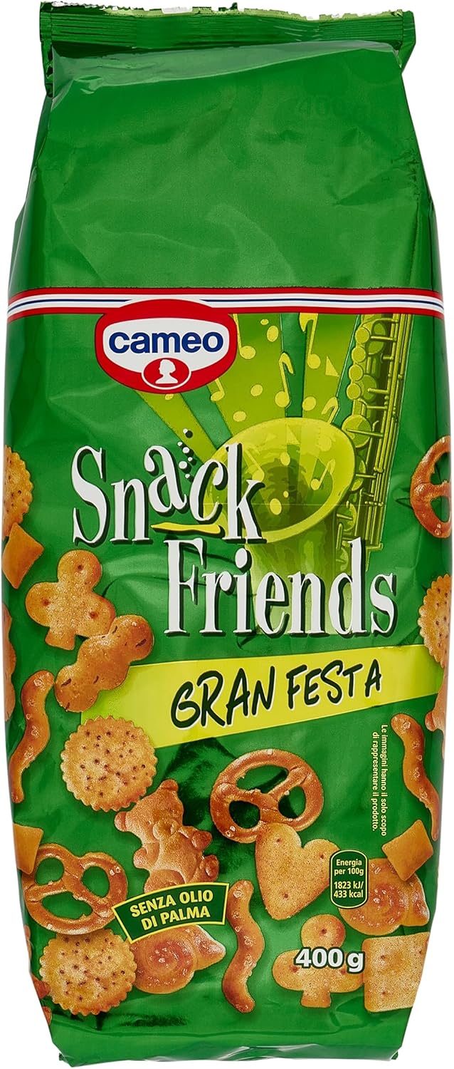 Cameo Snack Friends Gran Festa 400 g, Assortimento di Biscotti Salati per Aperitivi, Fragranti Salatini da Gustare con gli Amici, Senza Olio di Palma, Formato Busta da 400 g Complessivi