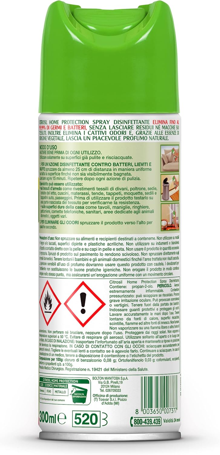 Citrosil Home Protection - Spray Disinfettante con Vere Essenze di Agrumi, Superfici Multiuso, Elimina Fino al 99,9% dei Batteri, 300 ml