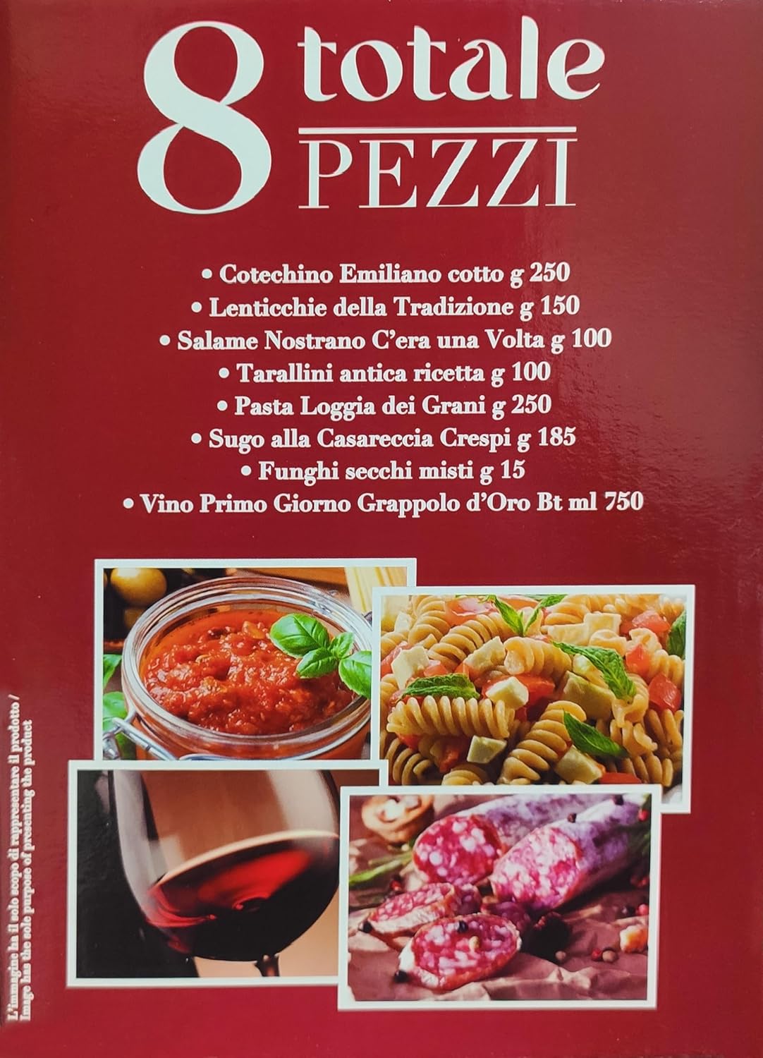 Regalidea Sapori di Natale 2023 Strenna con 8 Pezzi: Cotechino, Lenticchie, Salame, Tarallini, Pasta, Sugo, Funghi, Vino