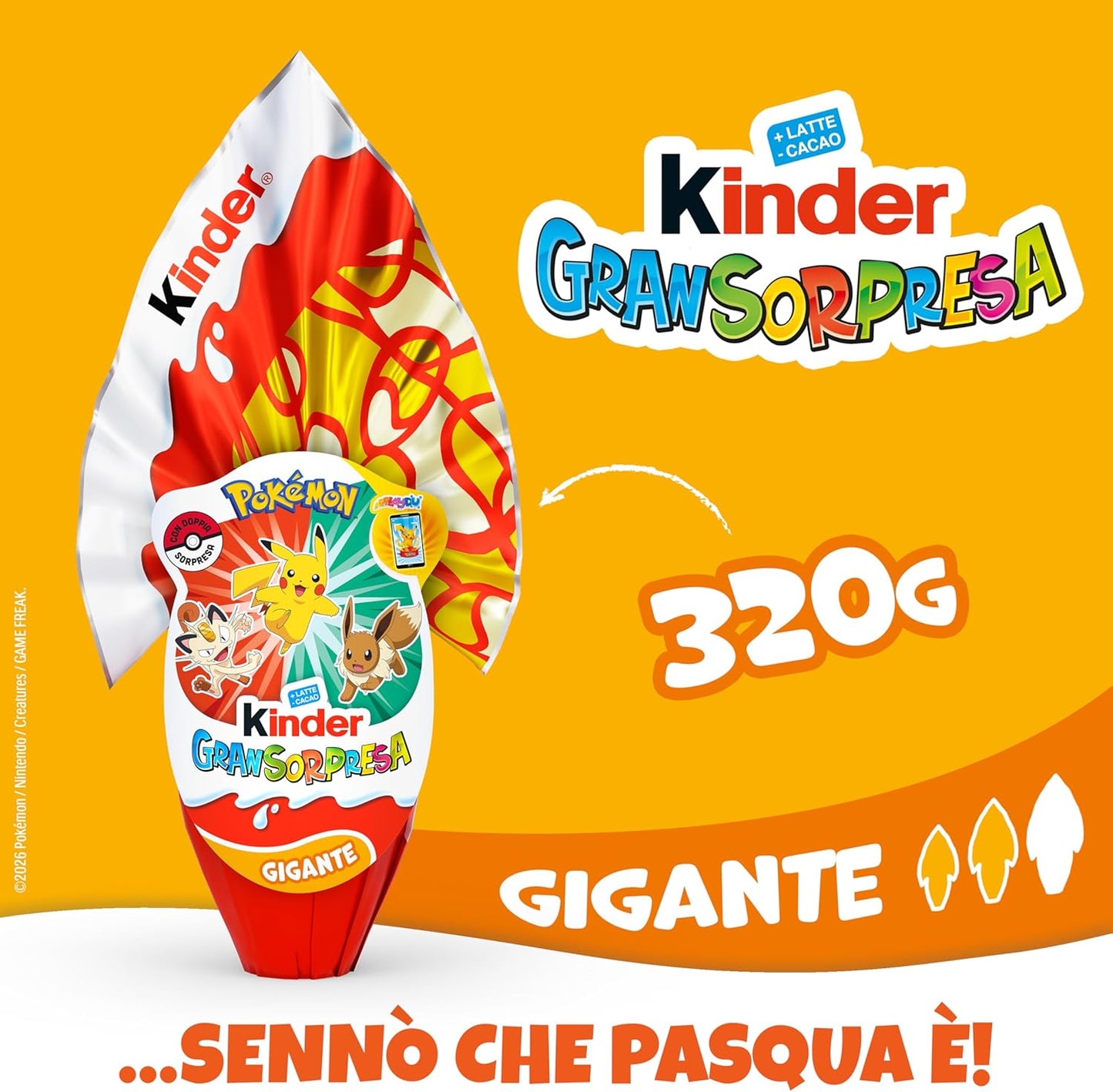 Kinder GranSorpresa Gigante Pokemon, Uovo di Pasqua Kinder 2026 di Finissimo Cioccolato al Latte con Doppia Sorpresa Pokemon, 320 g
