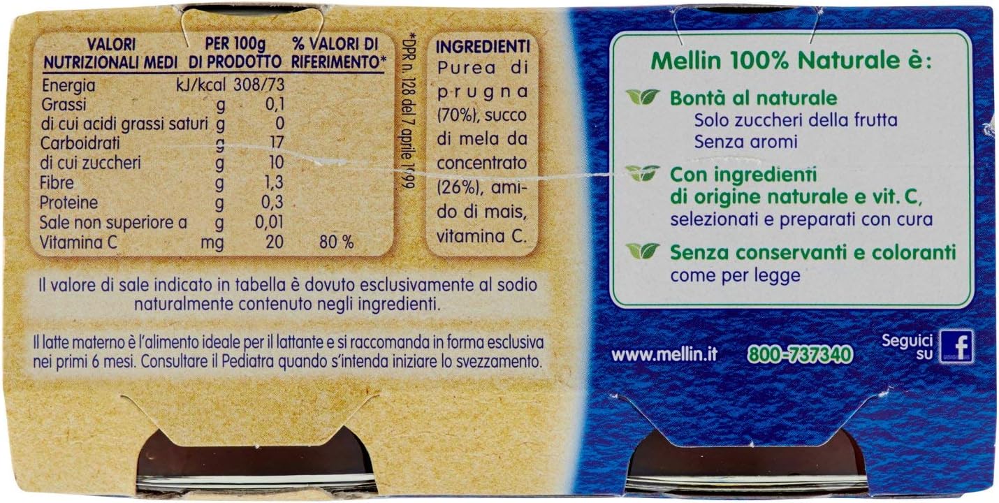 Mellin Omogeneizzato Prugna con Mela, 2 x 100g