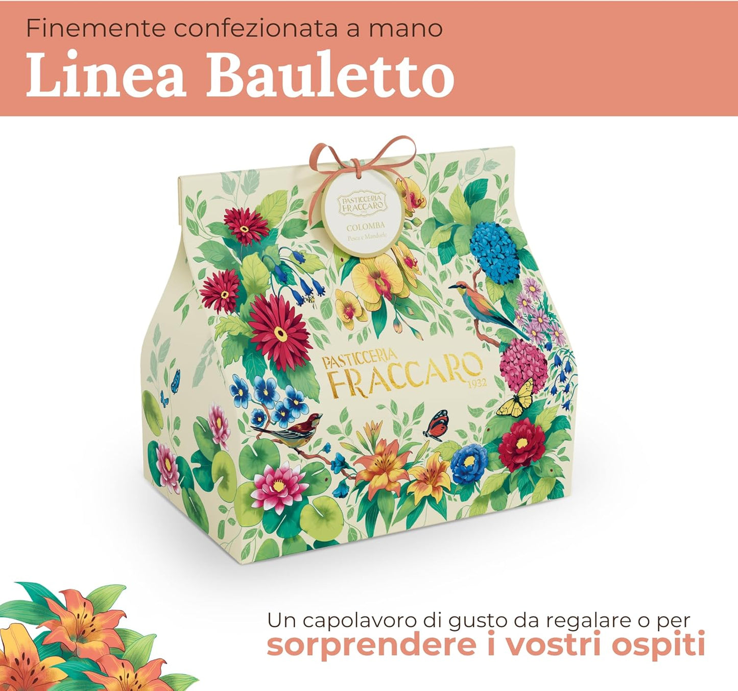 Colomba Artigianale alle Pesche Candite e Mandorle, 750 gr - Pasticceria Fraccaro 1932, Dolce Pasquale con Dolci Pesche Candite, Impasto con Lievito Madre, senza Scorze di Agrumi Canditi, Bauletto