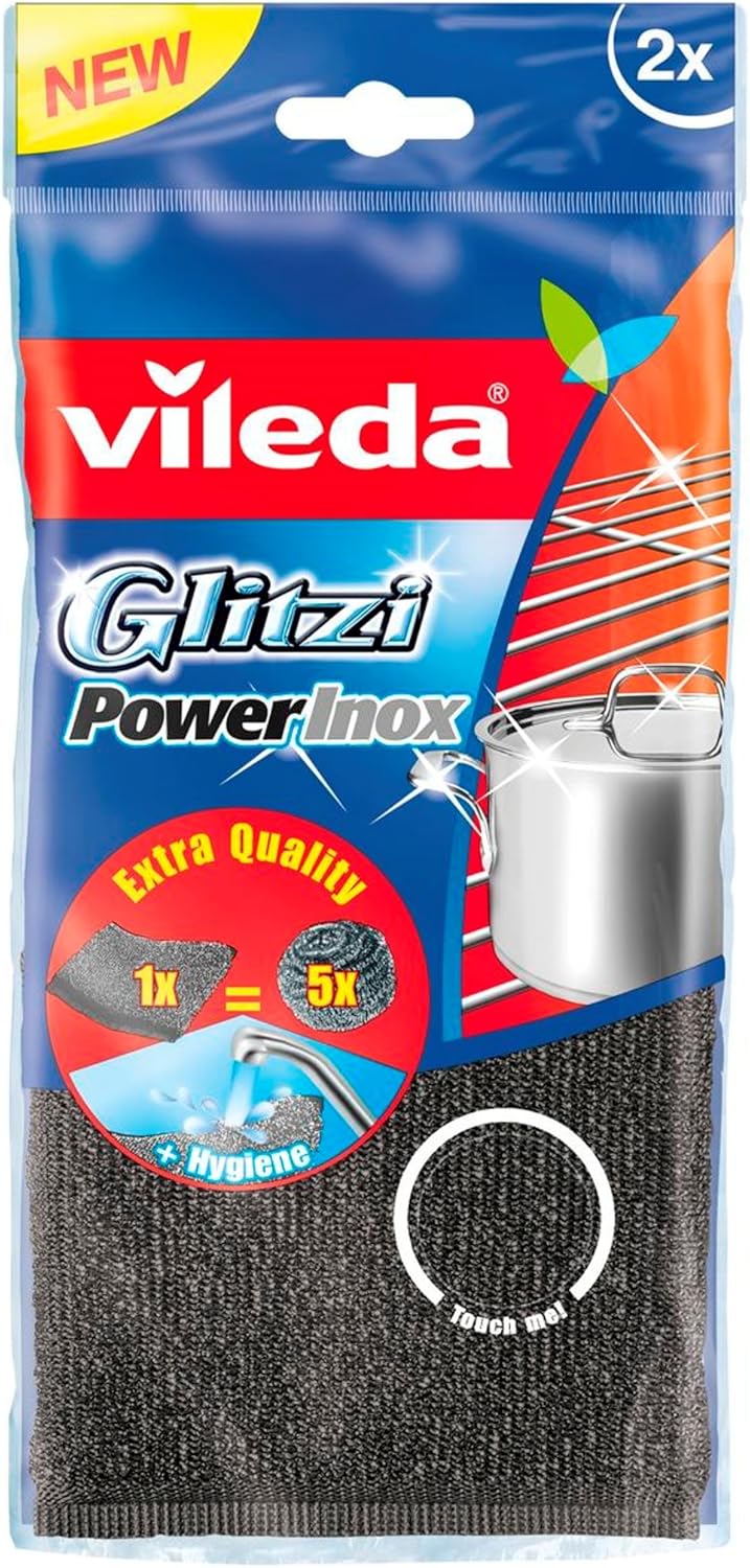 Vileda Power Inox Glitzi Paglietta Abrasiva, Antiruggine, Rimuove le Incrostazioni Più Difficili - 2 Pezzi