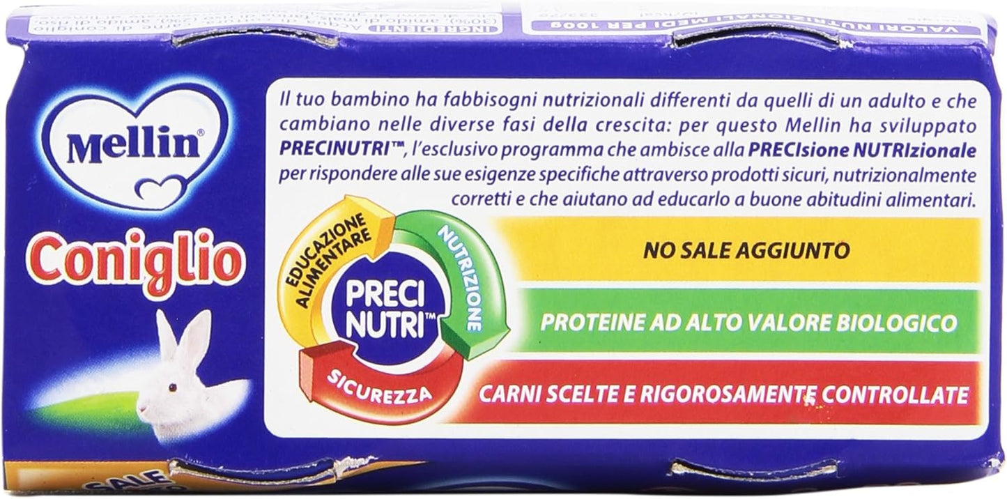 Mellin - Alimento per l'infanzia, omogenizzato con carne di coniglio e farina di riso - 160 g 2 vasetti