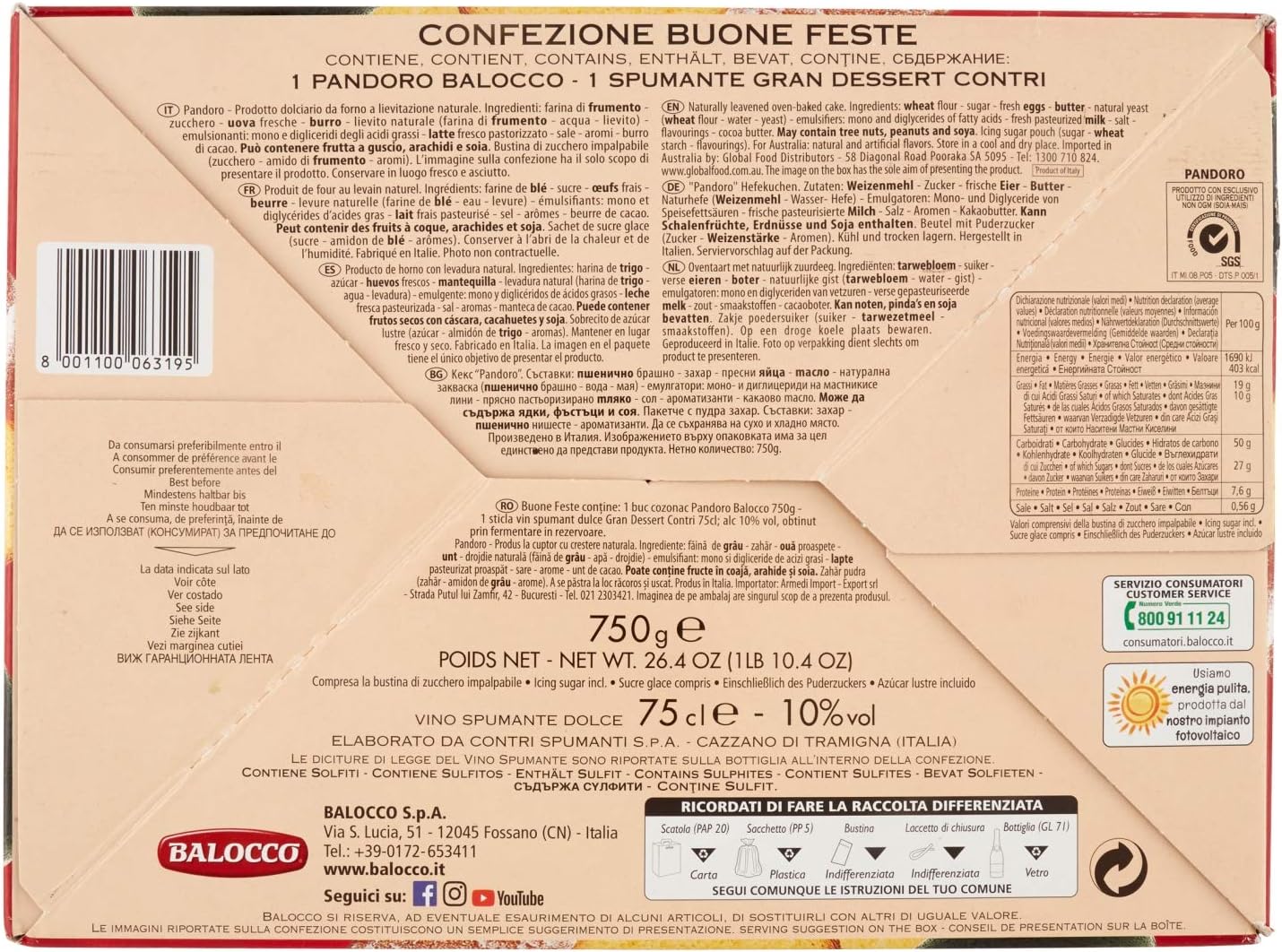 Balocco Buone Feste Pandoro 750g e Gran Dessert contri, 75cl