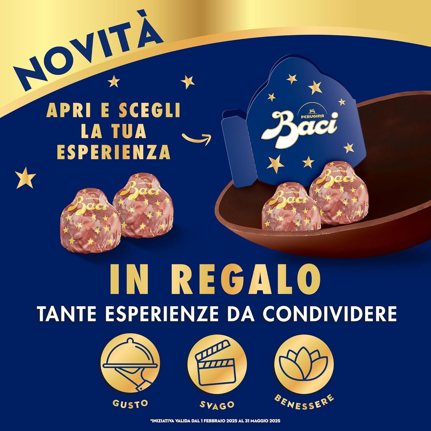 BACI PERUGINA Uovo di Pasqua 2025 Cioccolato Caramellato alle Mandorle con Sorpresa e 4 Cioccolatini 265g