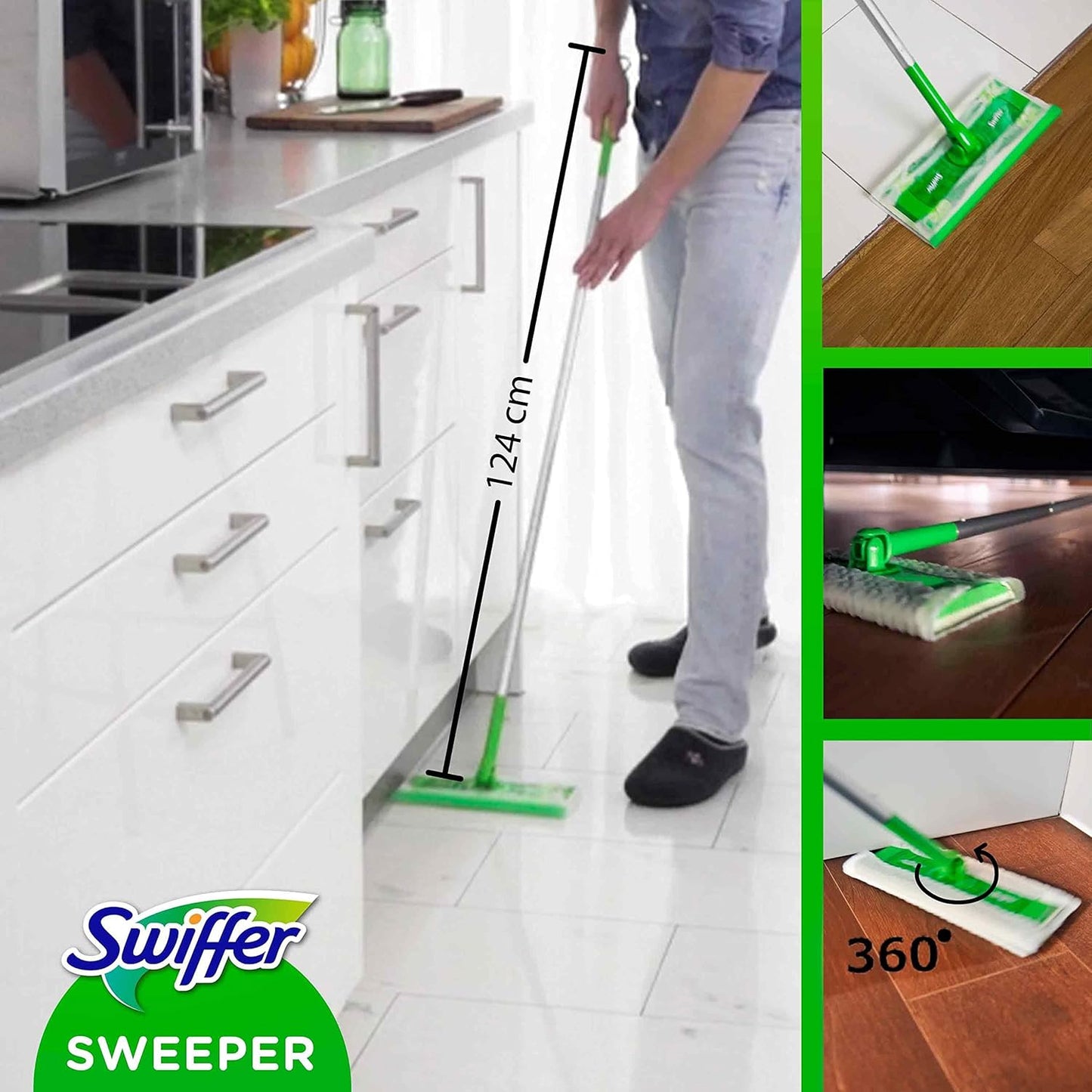 Swiffer Lavapavimenti, 1 Scopa E 8 Panni Microfibra Catturapolvere Dry E 3 Panni Wet, Cattura Polvere E Sporco Con I Suoi Panni In Microfibra, Lava Pavimenti Casa, Rimuove Sporco E Batteri